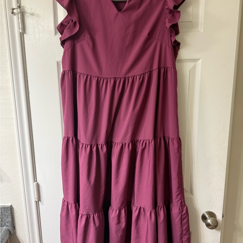 SHEIN Magenta Ruffle Sleeve Tiered Maxi Dress